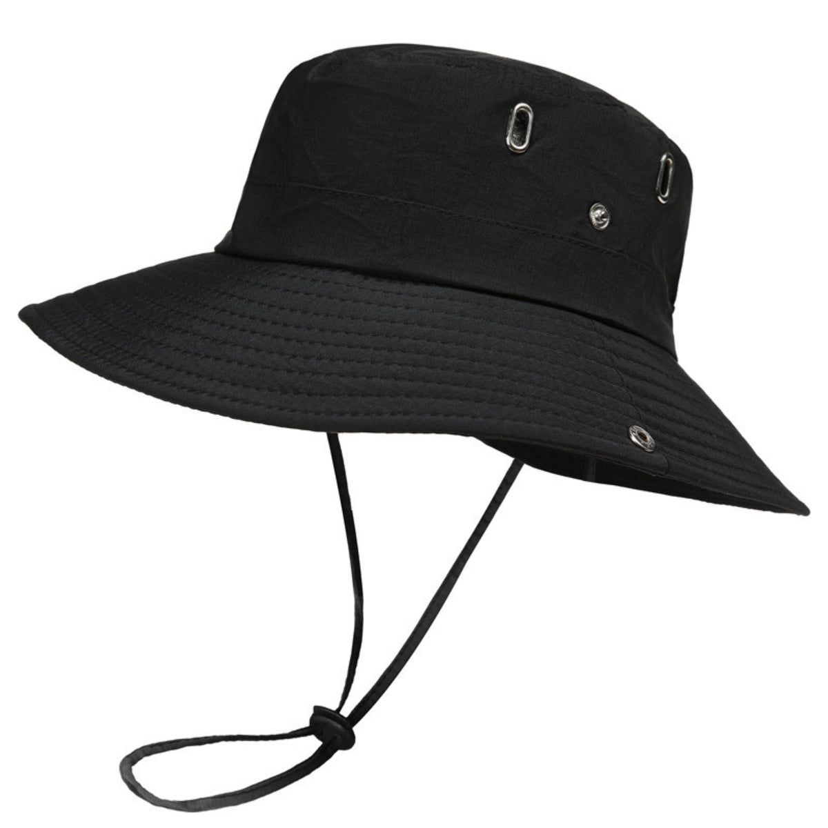 Black wide-brim hiking hat with air vents and a chin cord