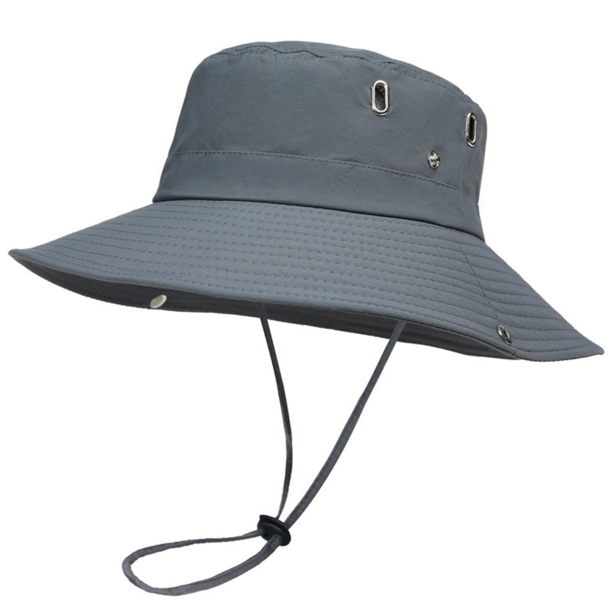 Dark grey wide-brim hiking hat with air vents and a chin cord