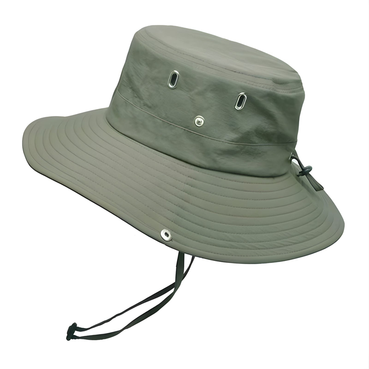 Olive green wide-brim hiking hat with air vents, press studs and a chin cord