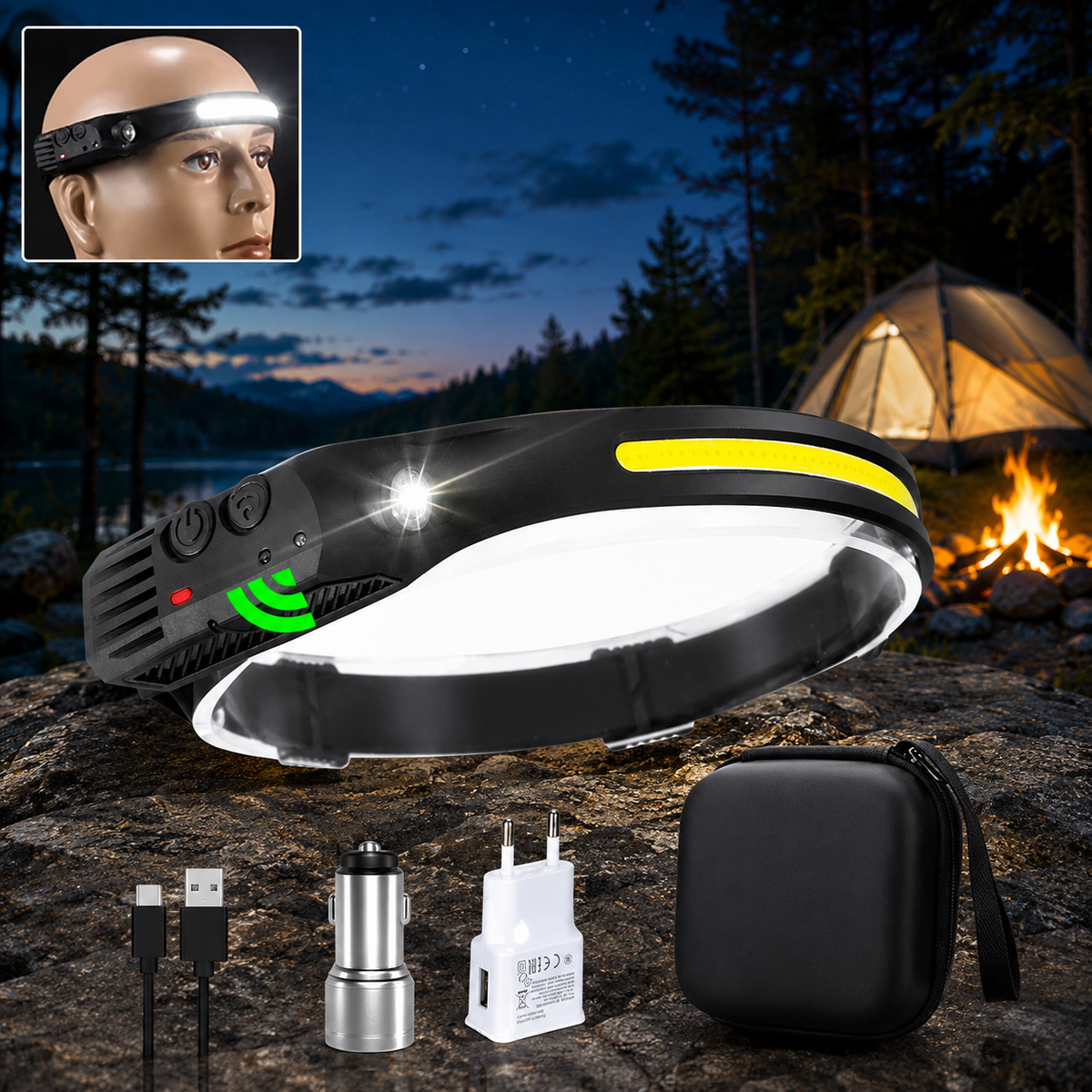 LED headlamp beside a campfire with a USB-C cable, a car charger, a white wall plug and a black zip case