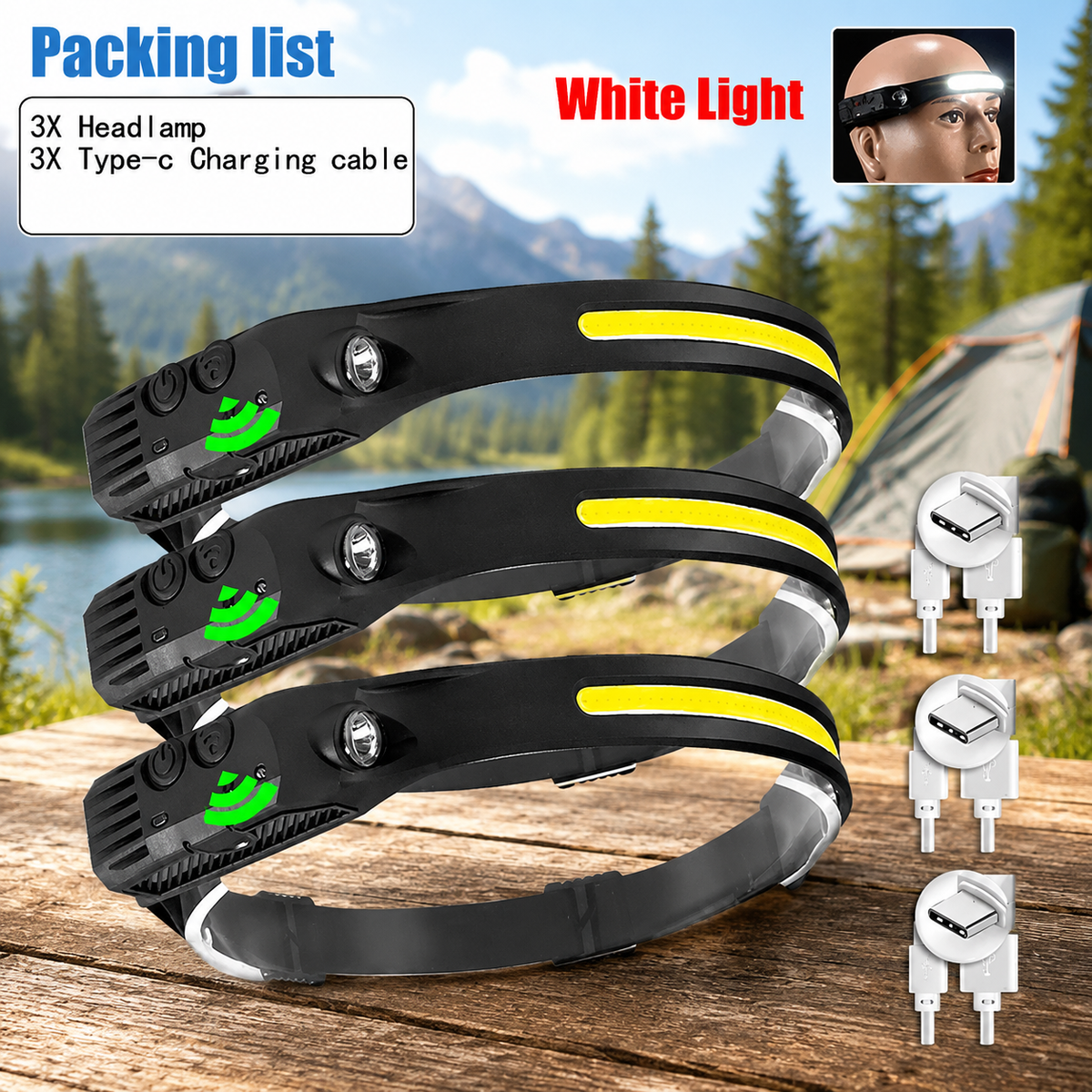 Three LED headlamps stacked on a wooden table with three USB-C charging cables and a packing list