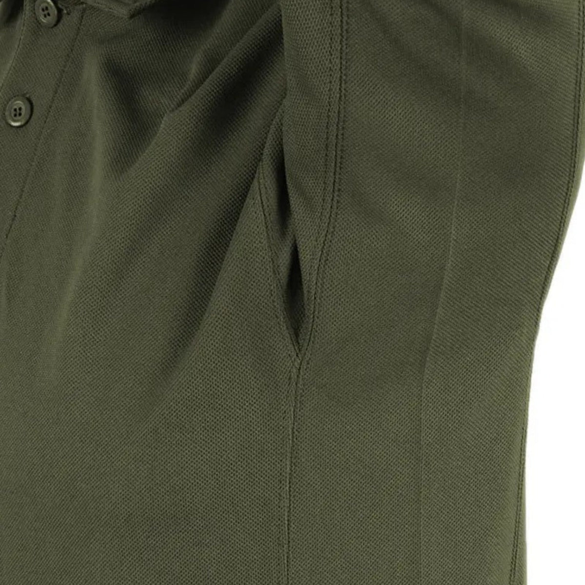 Close-up of the side of the army green polo showing the shaped side panel seam