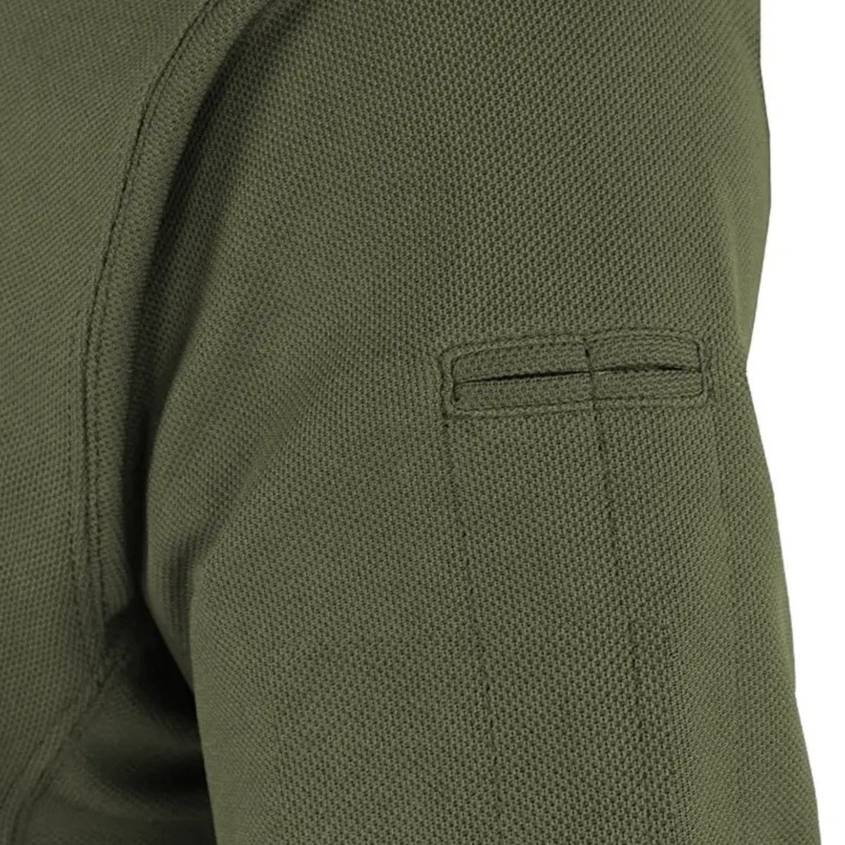 Close-up of the slim pocket on the left sleeve of the army green polo