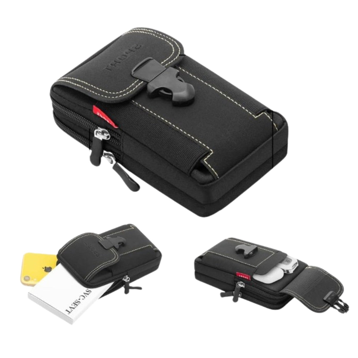 Black horizontal pouch, with smaller views of it holding a phone and cards