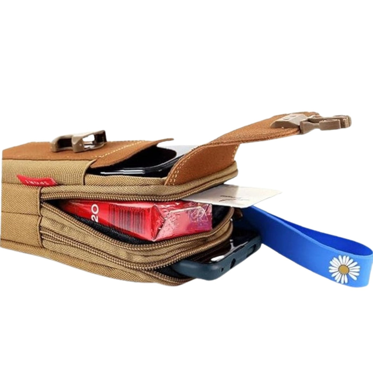 The horizontal brown pouch unzipped, holding a phone, cards and a pack