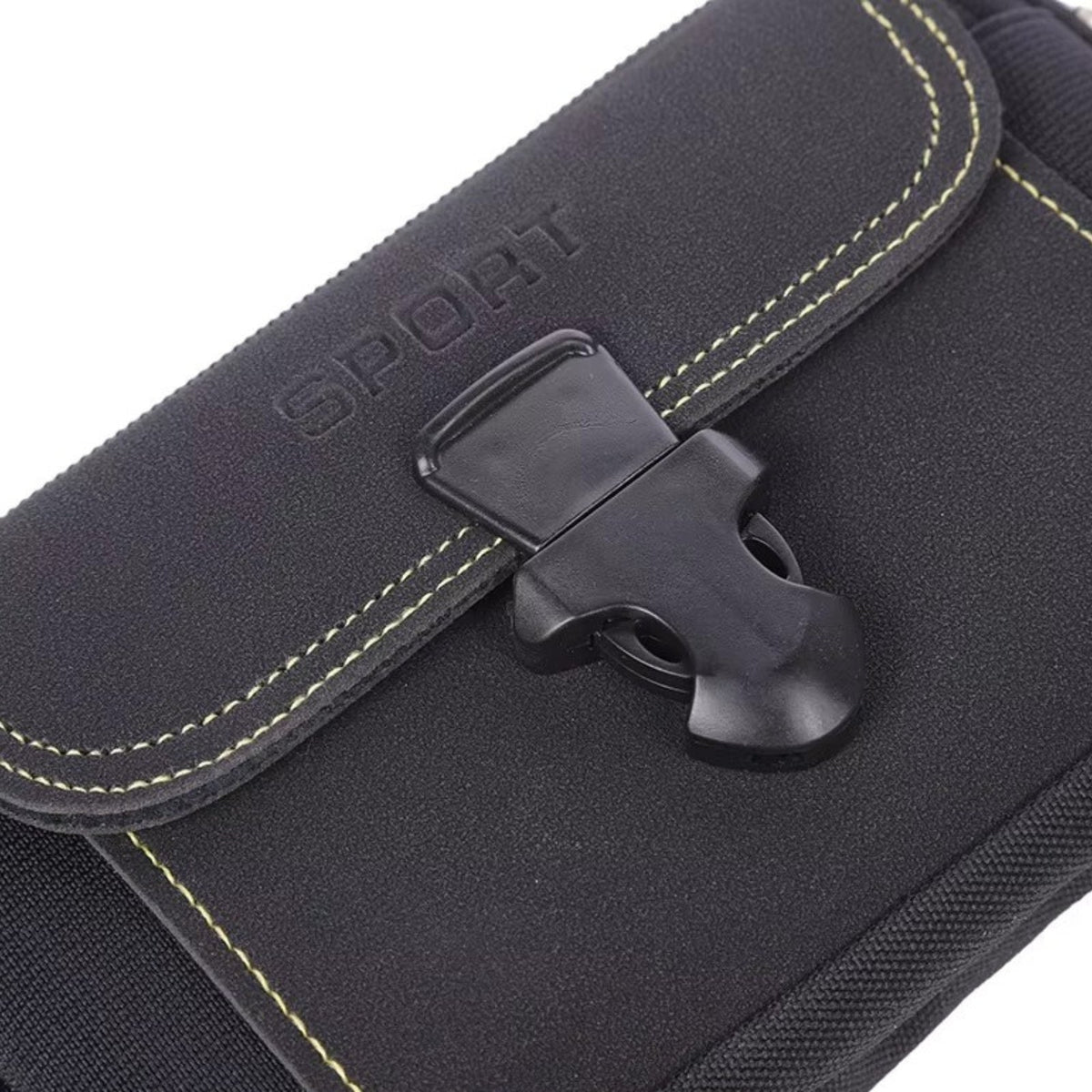 Close-up of the black pouch flap and its black clip buckle