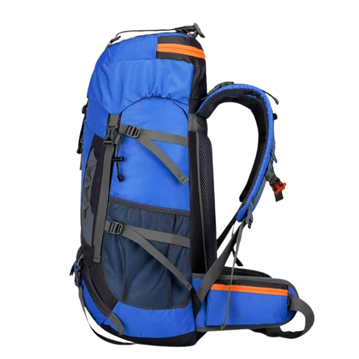 Side view of the blue hiking backpack with its mesh side pocket, compression straps and hip belt