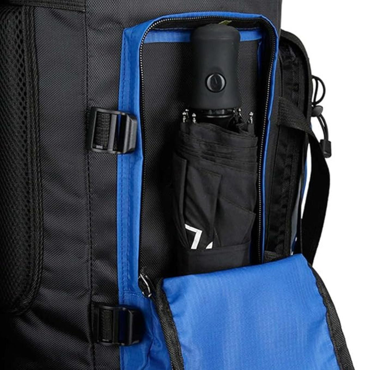 Side zip open on the pack with an umbrella in the side pocket