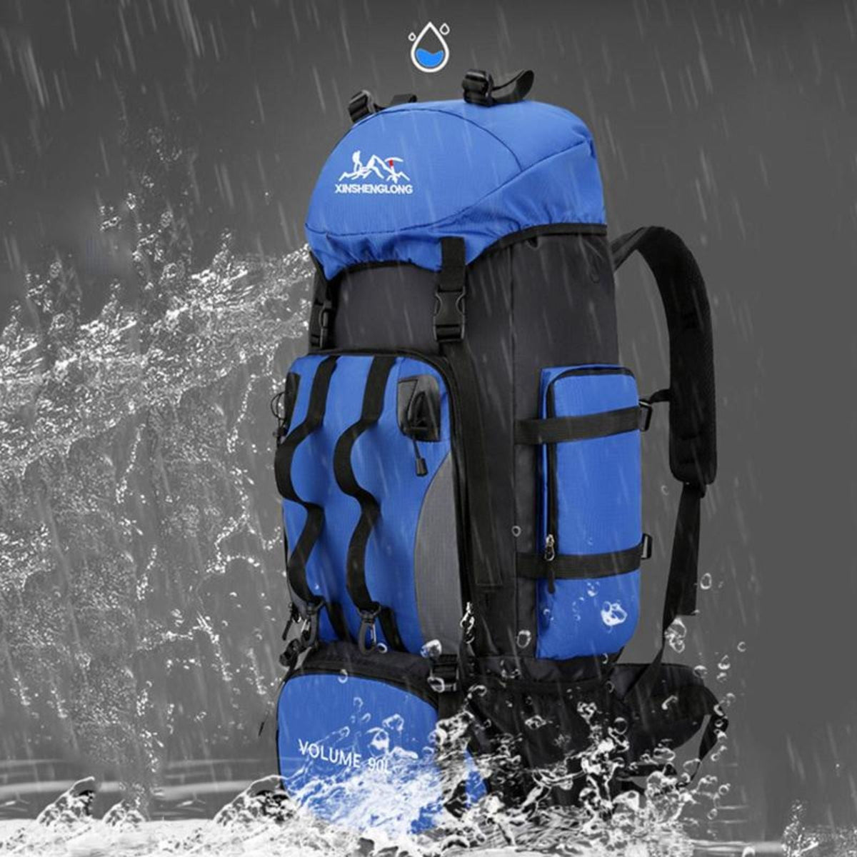 Blue 90 L hiking backpack with water splashing against it