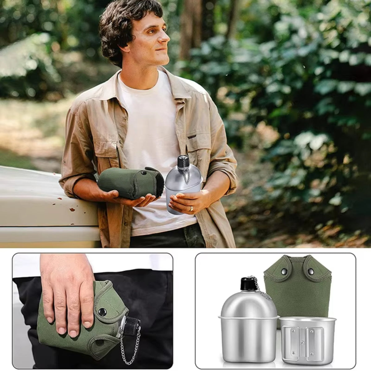 A hiker in a forest with the canteen kit, and the kit packed in its cover