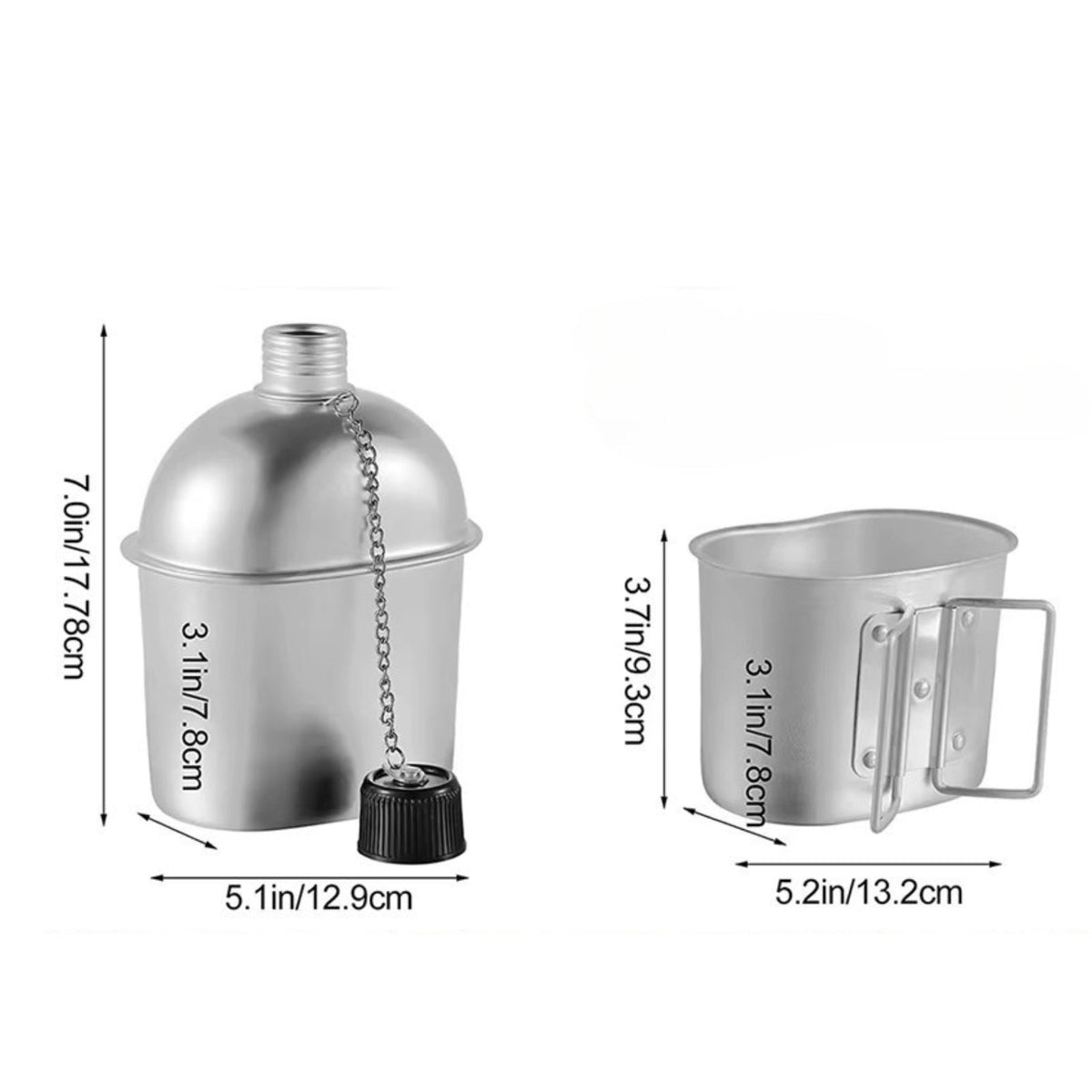 The canteen and cup with their heights and widths marked