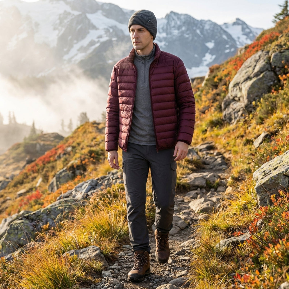 Hiker wearing the burgundy puffer jacket over a grey top on a mountain trail in autumn
