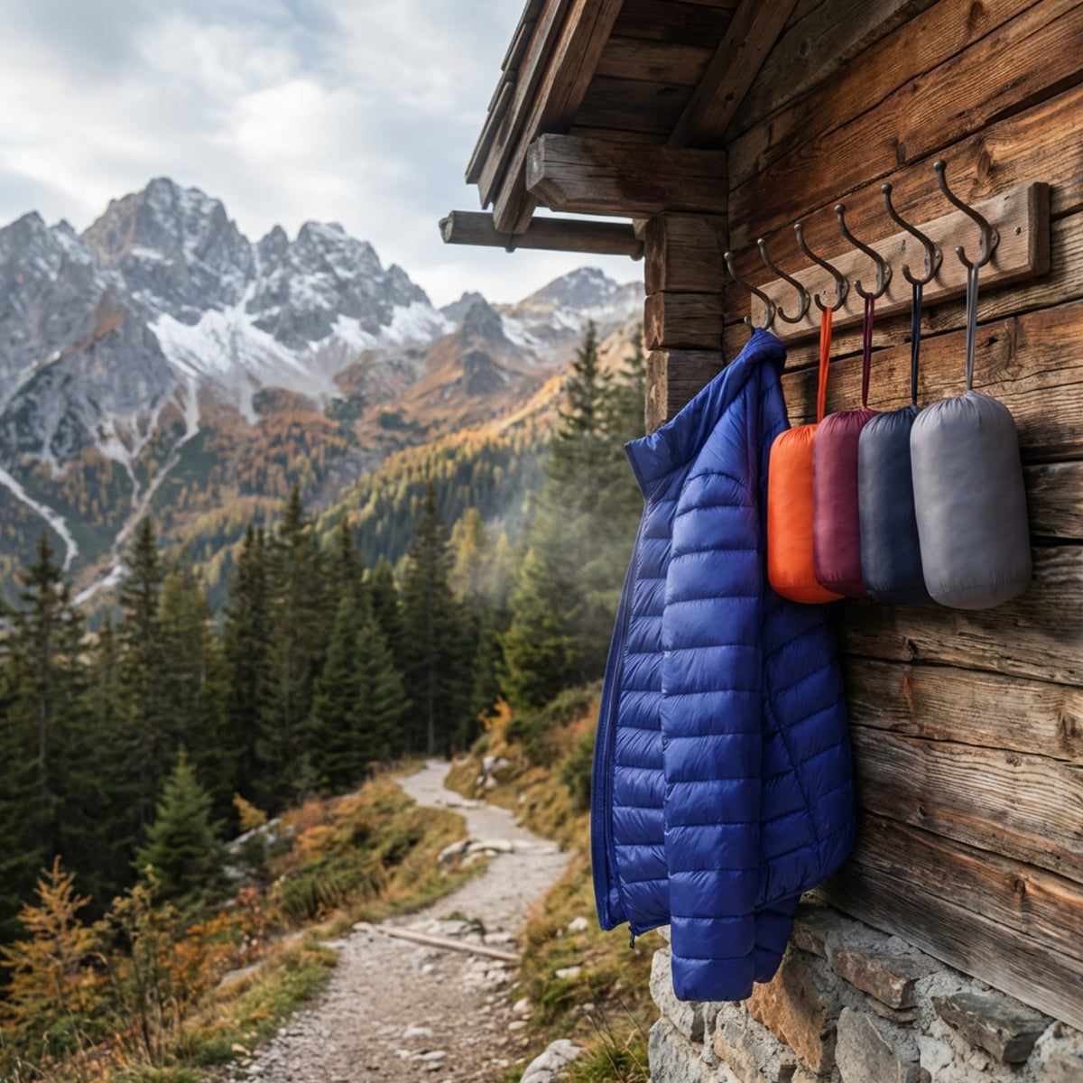 Royal blue puffer jacket hanging on a hook outside a wooden mountain hut
