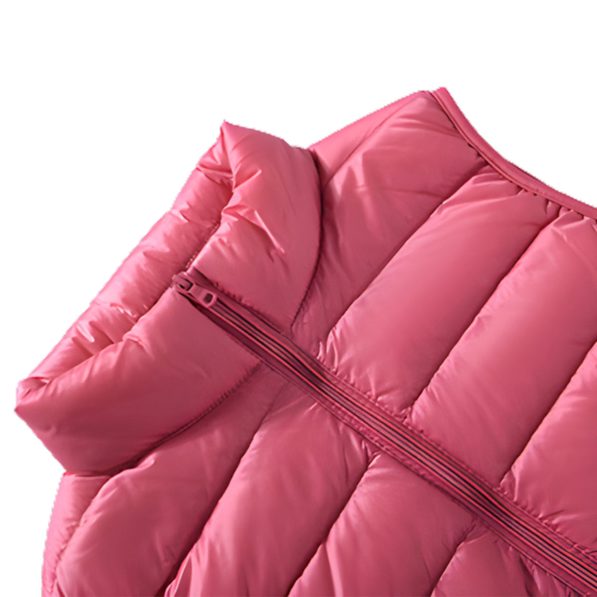 Close-up of the vest's stand-up collar and zip