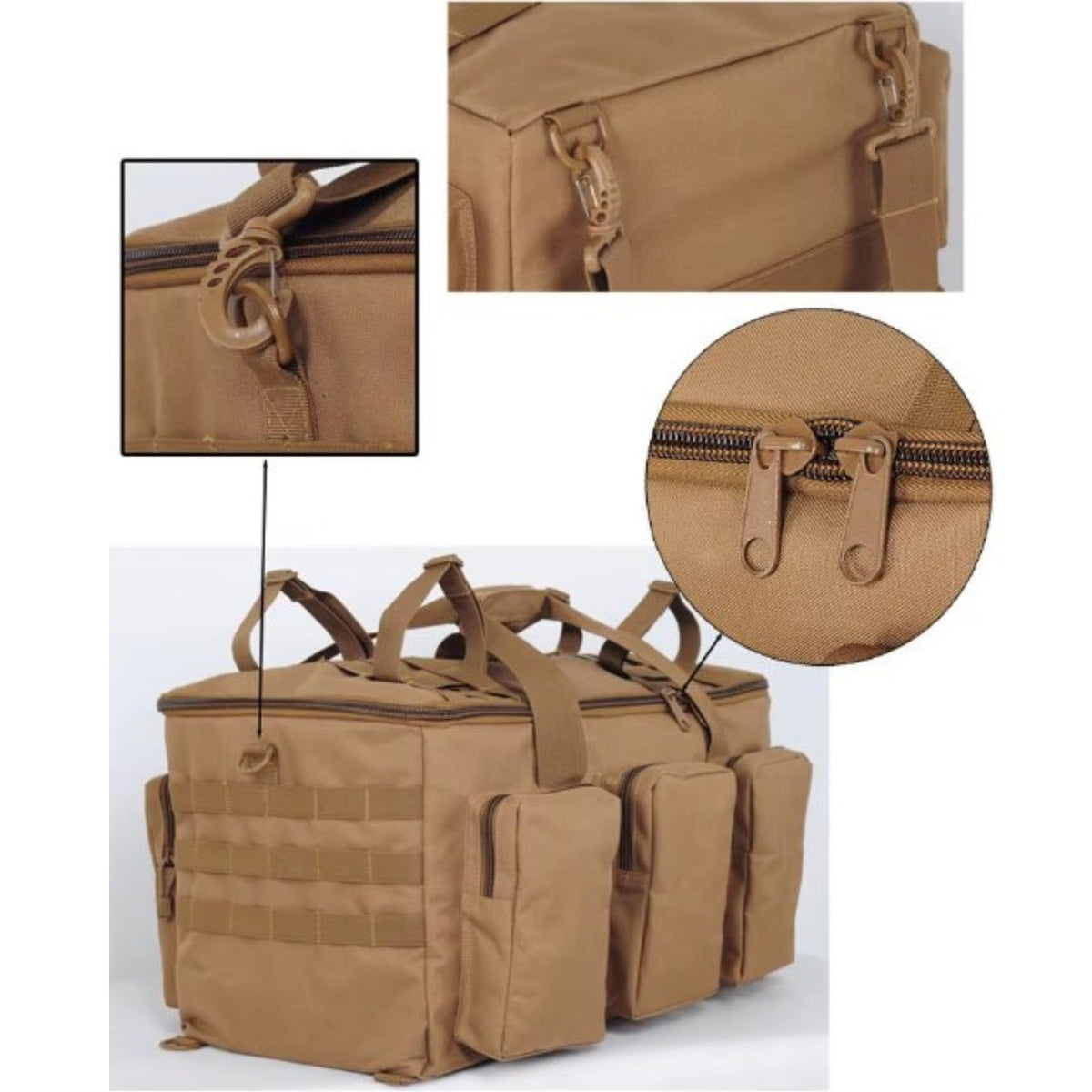 Close-ups of the D-rings, zips and straps on the coyote brown duffel