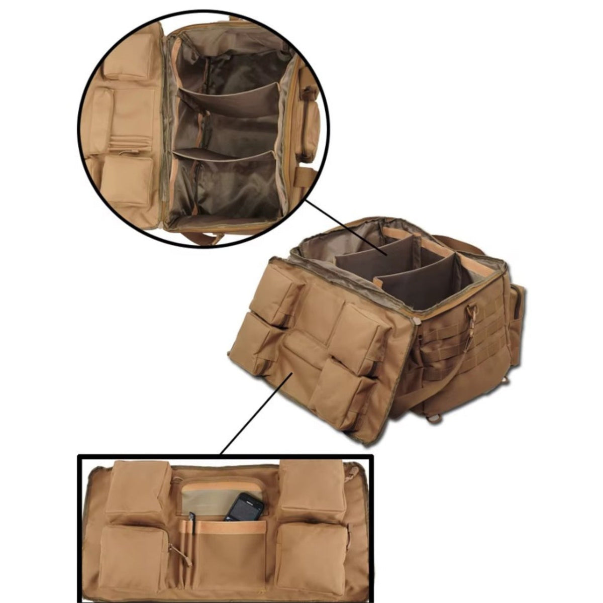 Collage of the duffel opened, its dividers and a front pocket