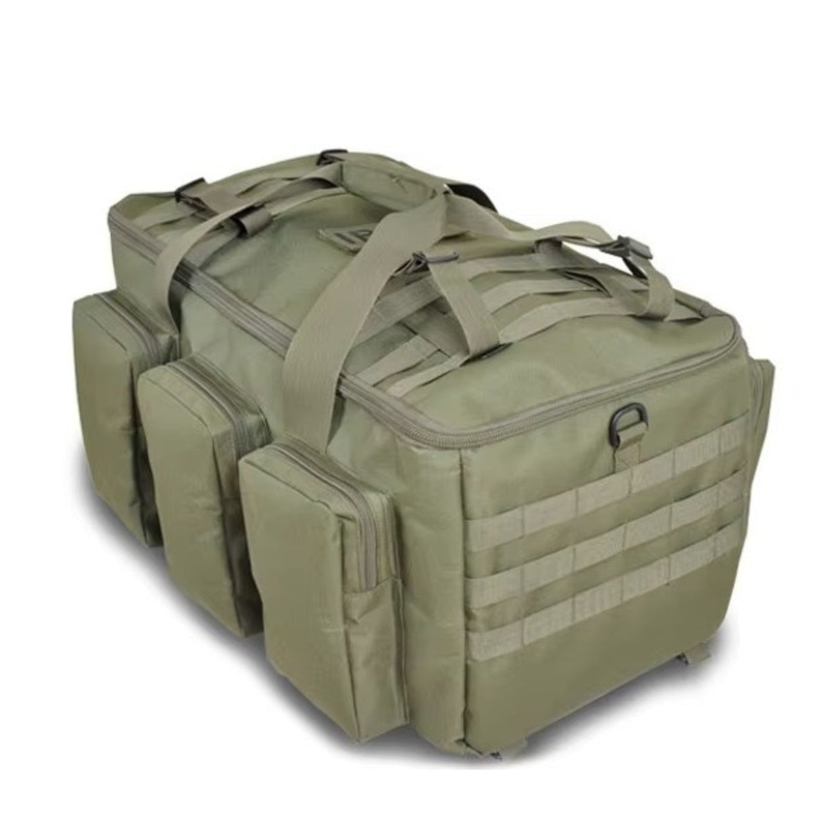 Olive green 55 L tactical duffel bag with webbing loops on the end panel