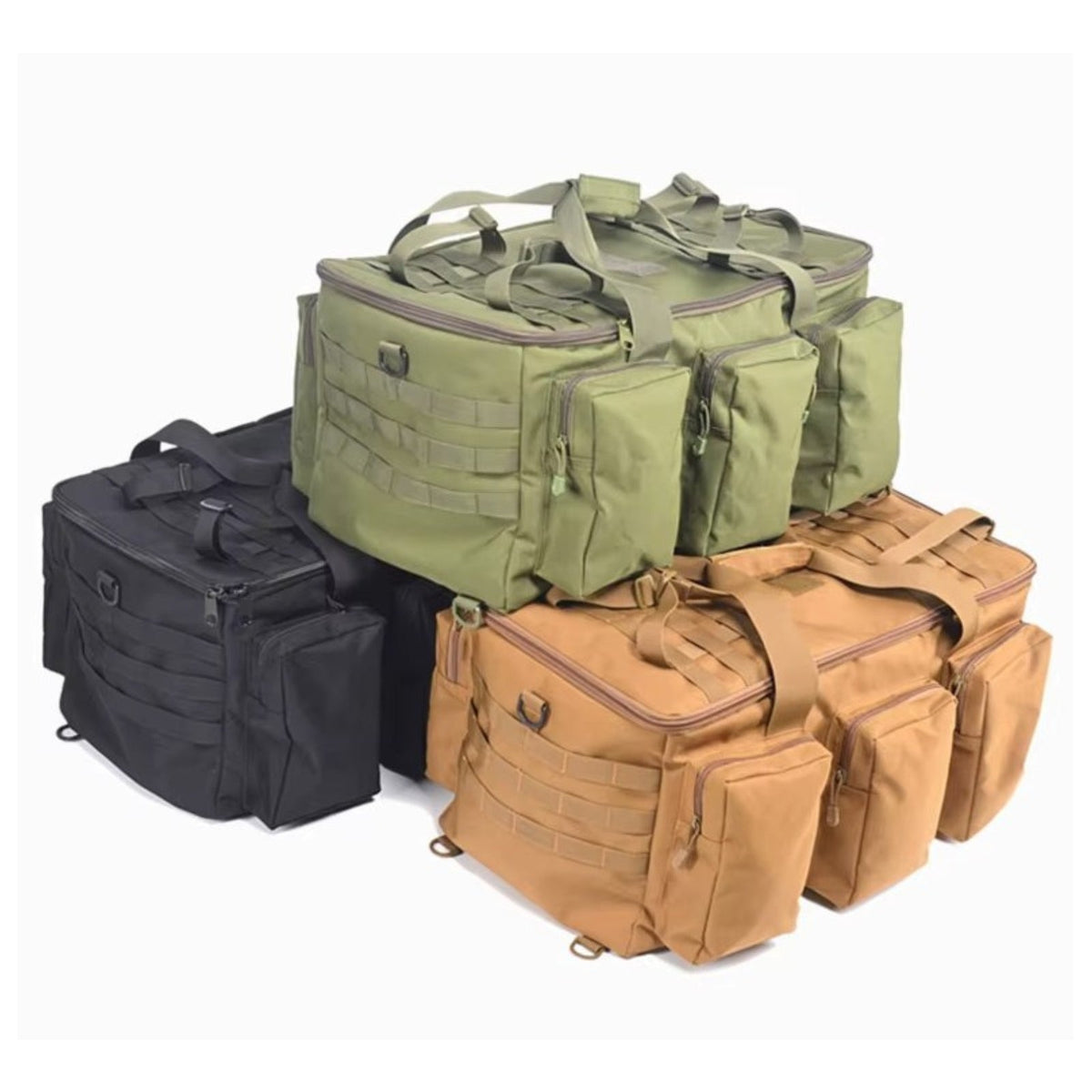 The duffel in olive green, black and coyote brown stacked together