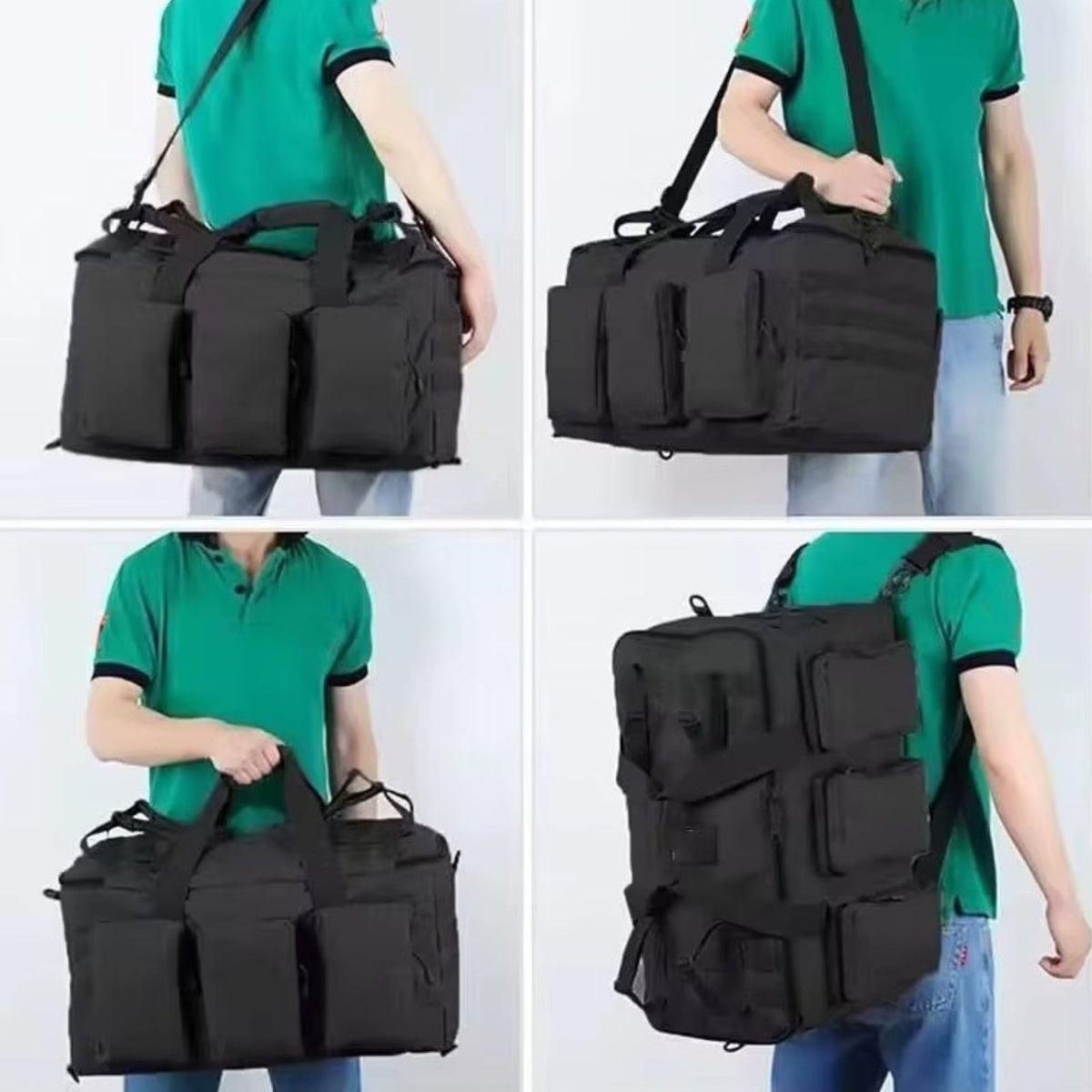 Four ways to carry the black duffel: by the handles, on the shoulder and as a backpack