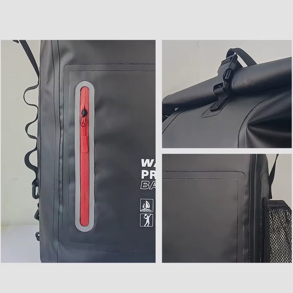 Three close-ups of the black backpack: the red-lined front zip, the rolled top and buckle, and the side mesh pocket