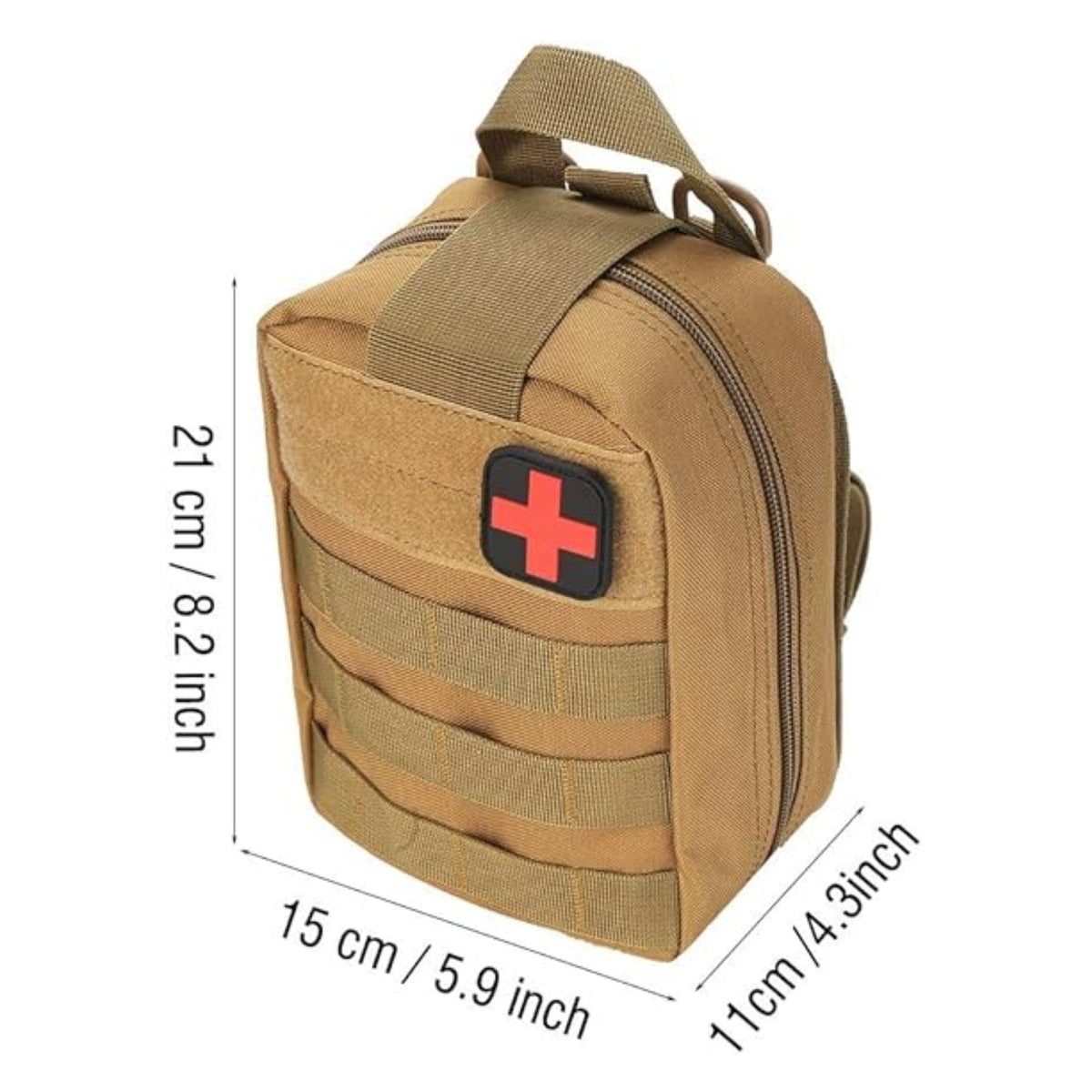 Khaki pouch with its size marked, 21 x 15 x 11 cm, and a square patch on the front panel
