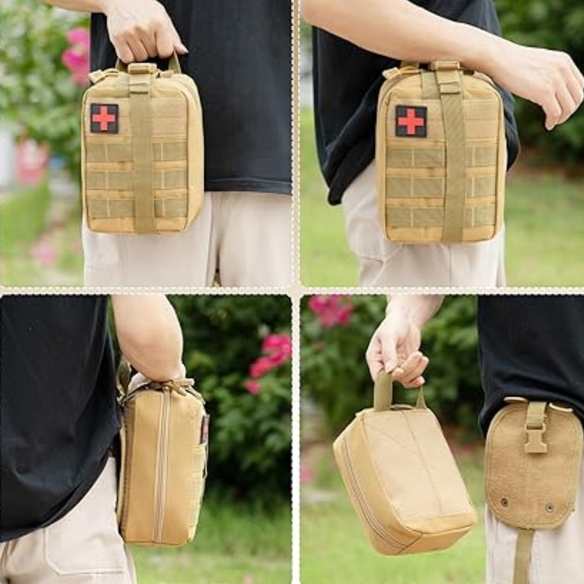 Khaki first aid pouch carried by its handle and worn on a belt, four views outdoors