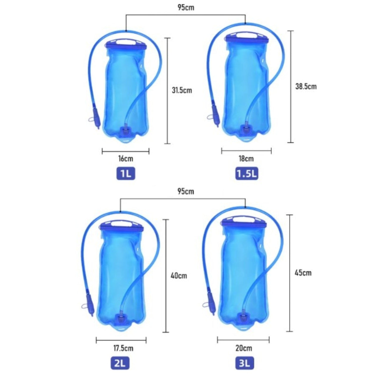 The four sizes with their measurements: 1 L 16 x 31.5 cm, 1.5 L 18 x 38.5 cm, 2 L 17.5 x 40 cm, 3 L 20 x 45 cm, tube 95 cm