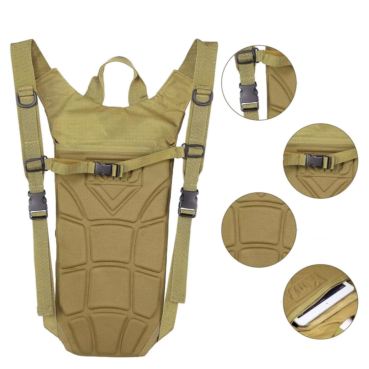 Back of the beige hydration pack showing the shoulder straps, chest strap buckle and padded back panel