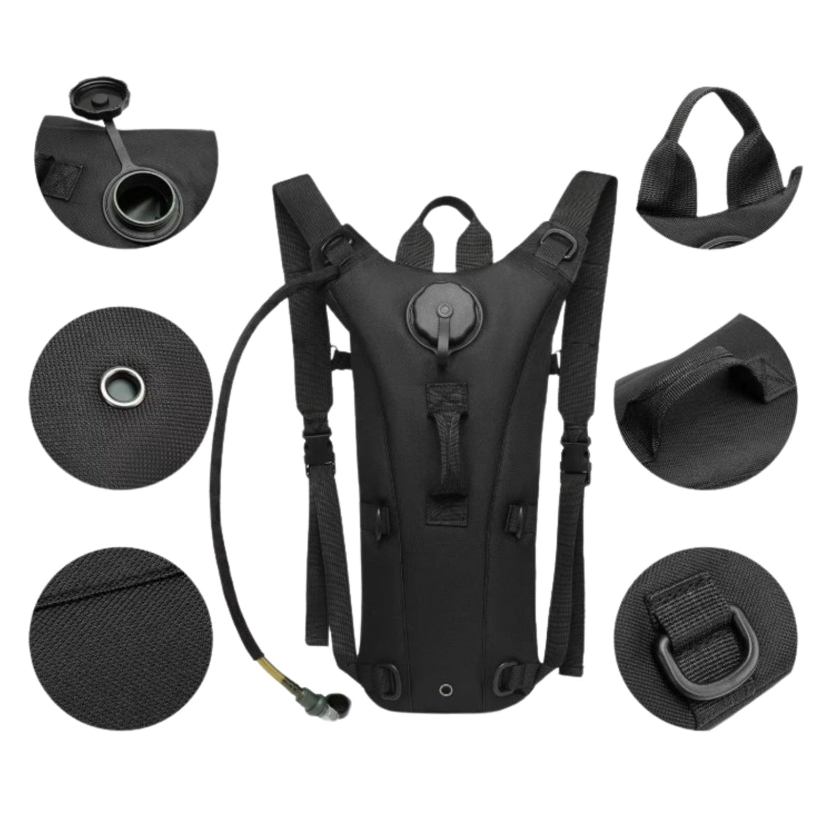 Black hydration pack with close-ups of the cap, the D-rings, the eyelet and the grab loop