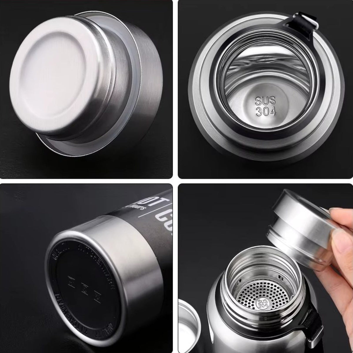 Four close-ups of the flask: the cup, the inner neck, the stopper and the tea filter