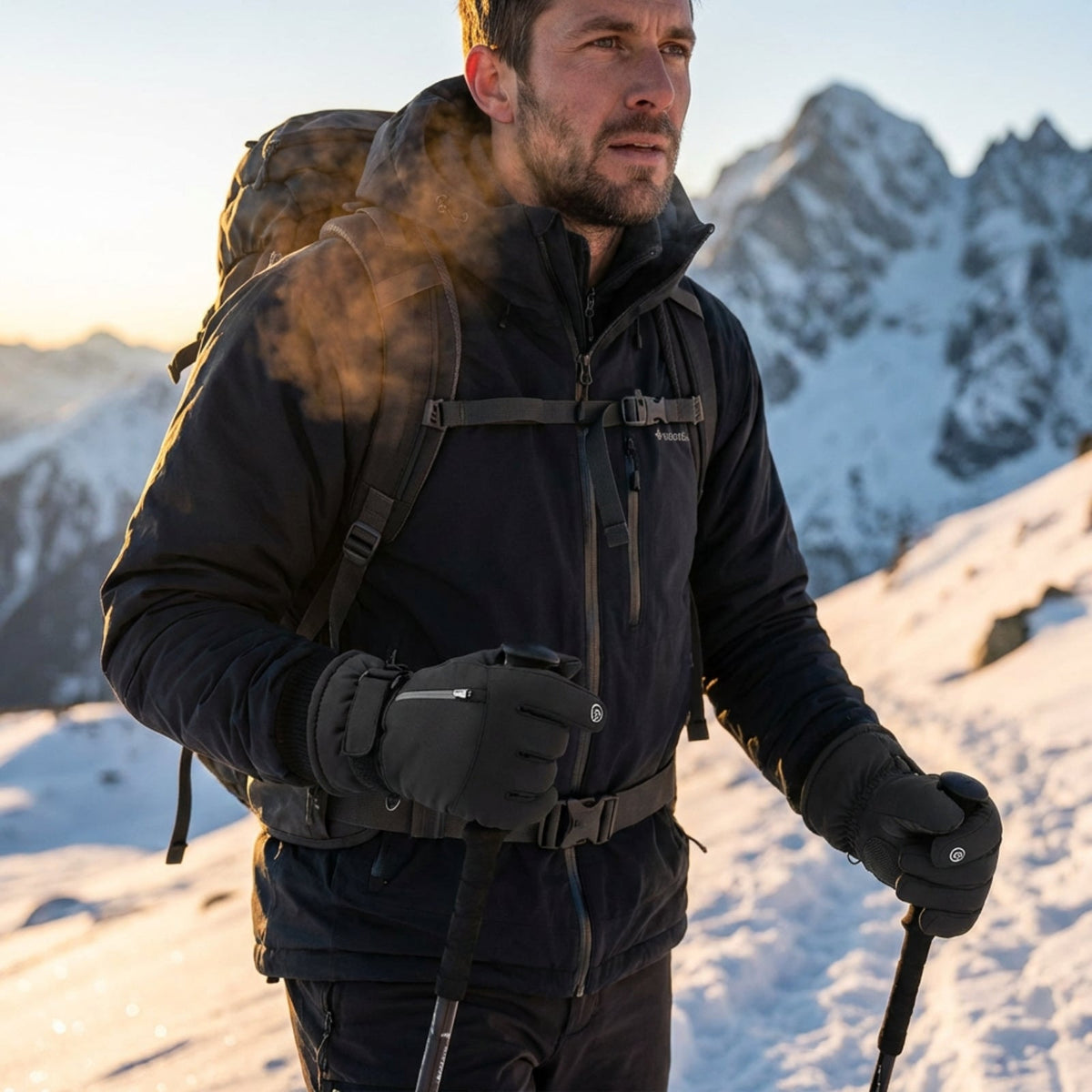 Hiker with a backpack gripping trekking poles in the snow, wearing black winter gloves with a zip pocket and wrist strap
