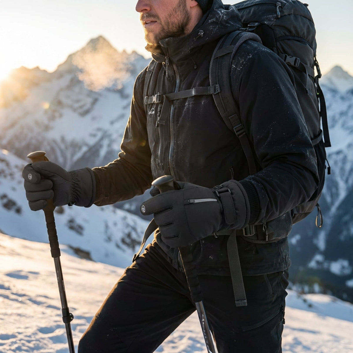 Hiker in a black jacket walking with poles on a snowy mountain ridge, wearing black winter gloves with a zip pocket