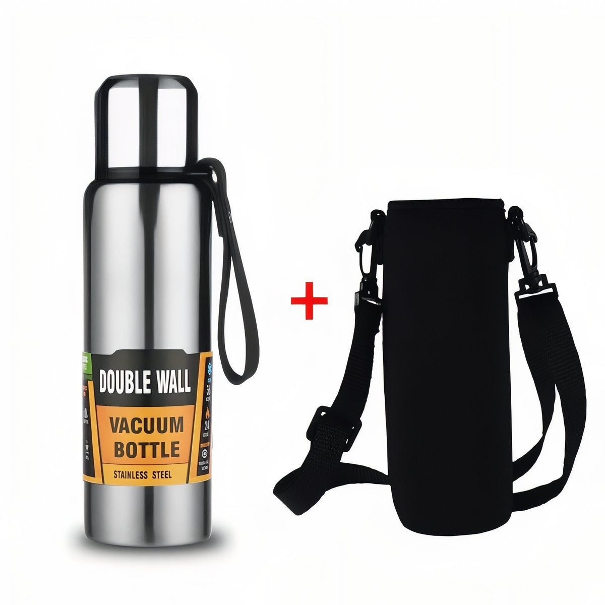 Silver vacuum flask beside its black padded shoulder bag