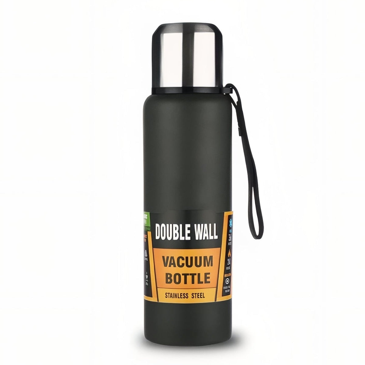 Black stainless steel vacuum flask with a steel cup lid and a carry loop