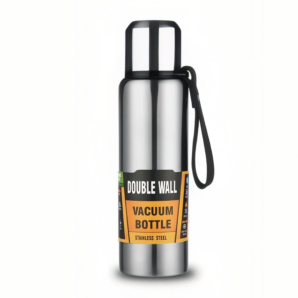 Silver stainless steel vacuum flask with a cup lid and a black carry loop