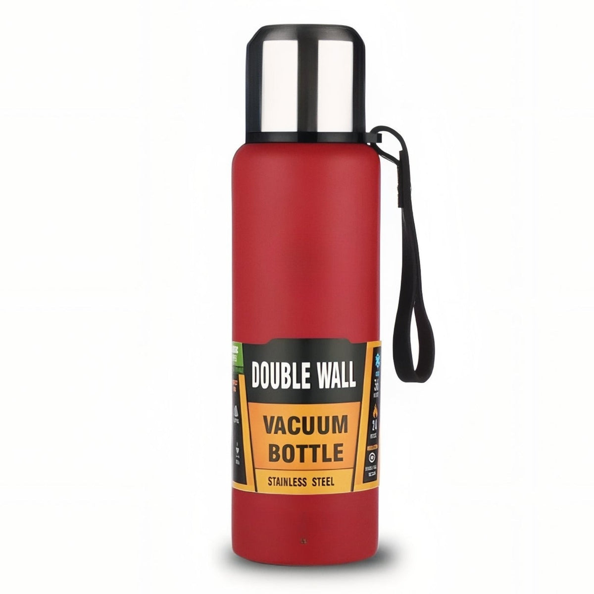 Red stainless steel vacuum flask with a steel cup lid and a carry loop