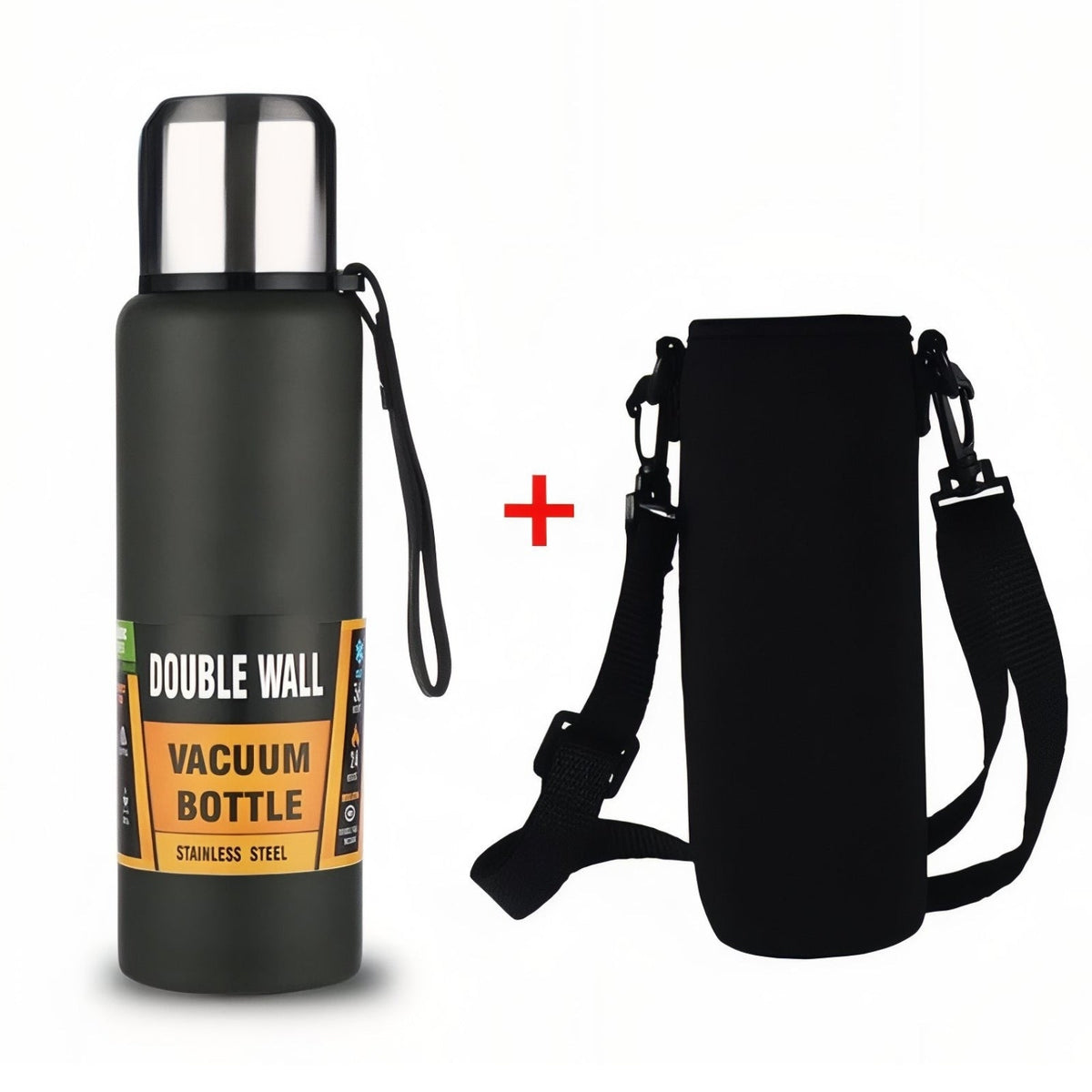 Black vacuum flask beside its black padded shoulder bag