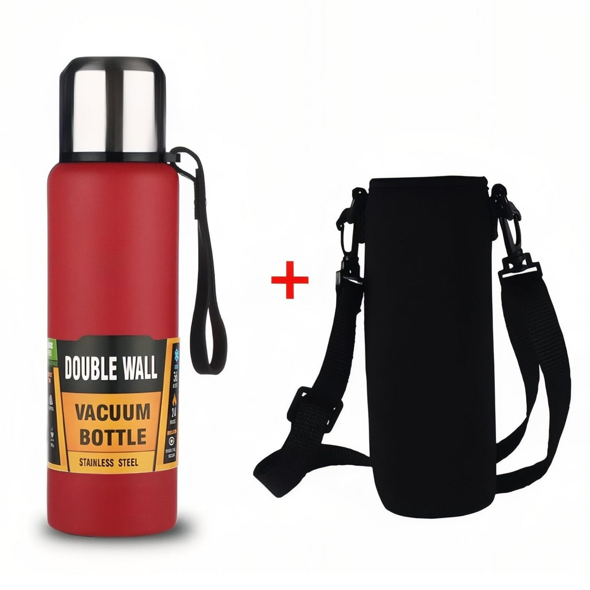 Red vacuum flask beside its black padded shoulder bag