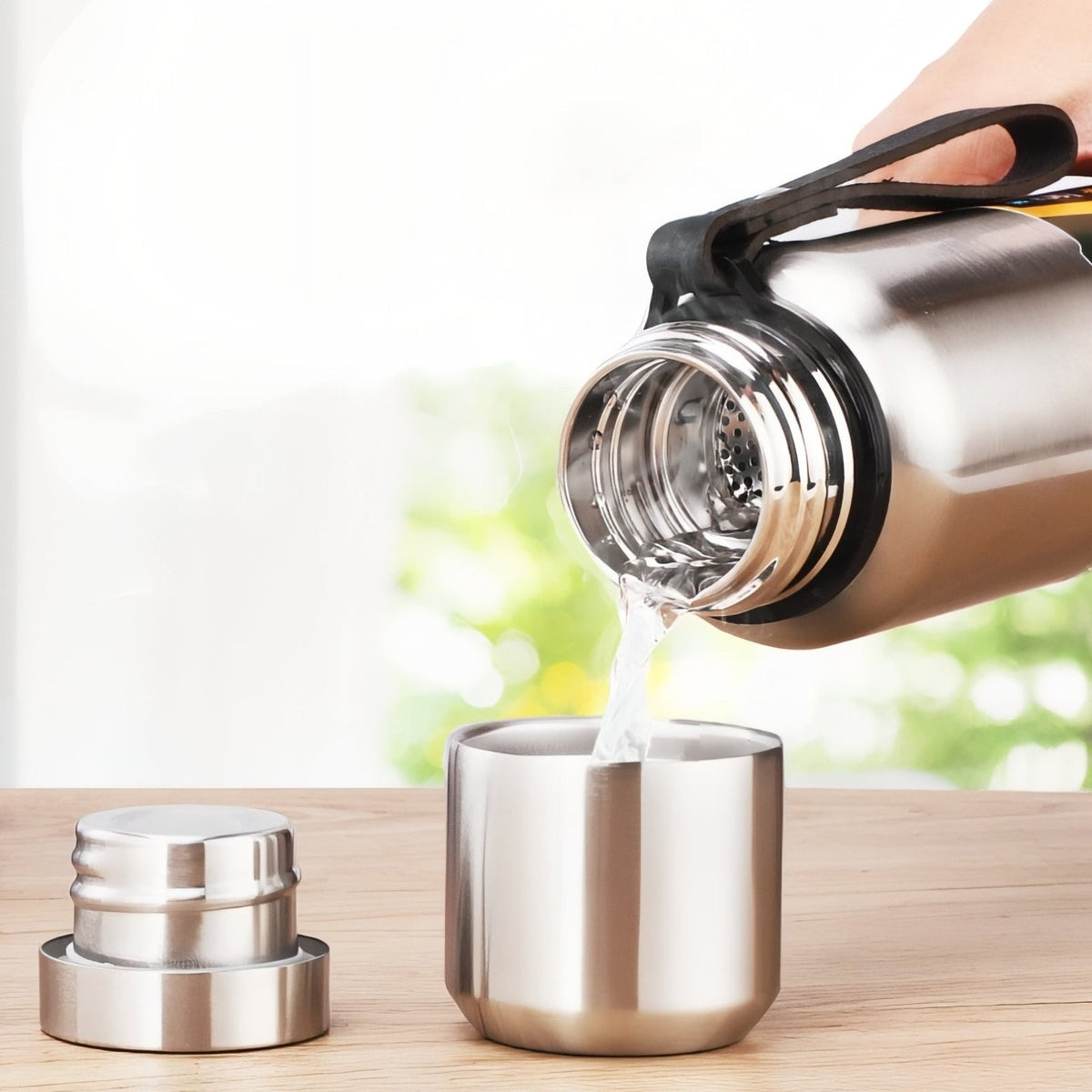 Hand pouring water from the flask into its steel cup lid