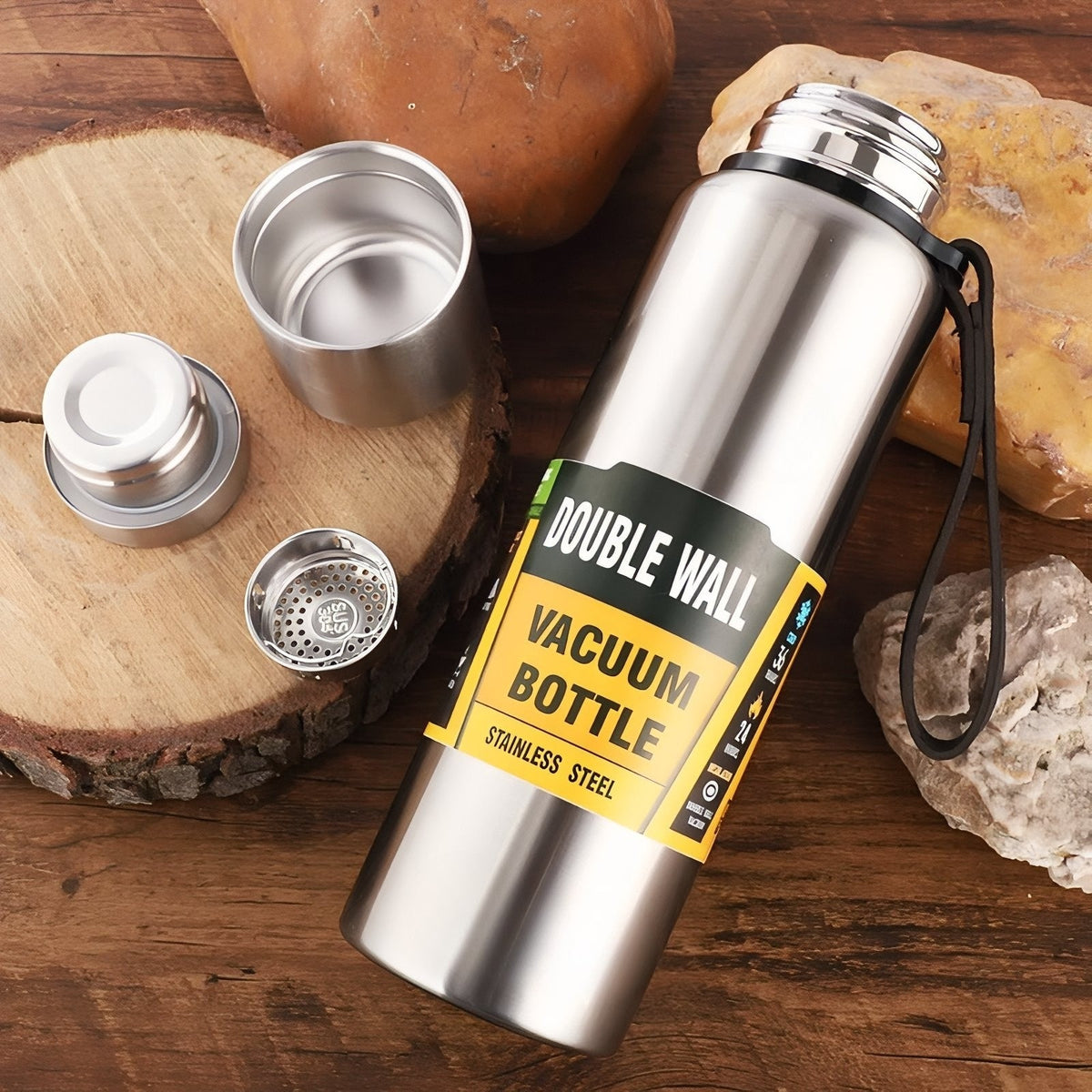 Silver vacuum flask lying on a wooden board beside its cup lid, stopper and tea filter