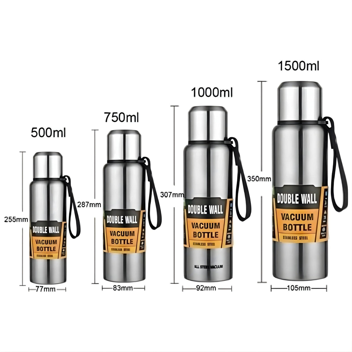 The vacuum flask in four sizes, 500 ml, 750 ml, 1000 ml and 1500 ml, with their heights and widths in mm