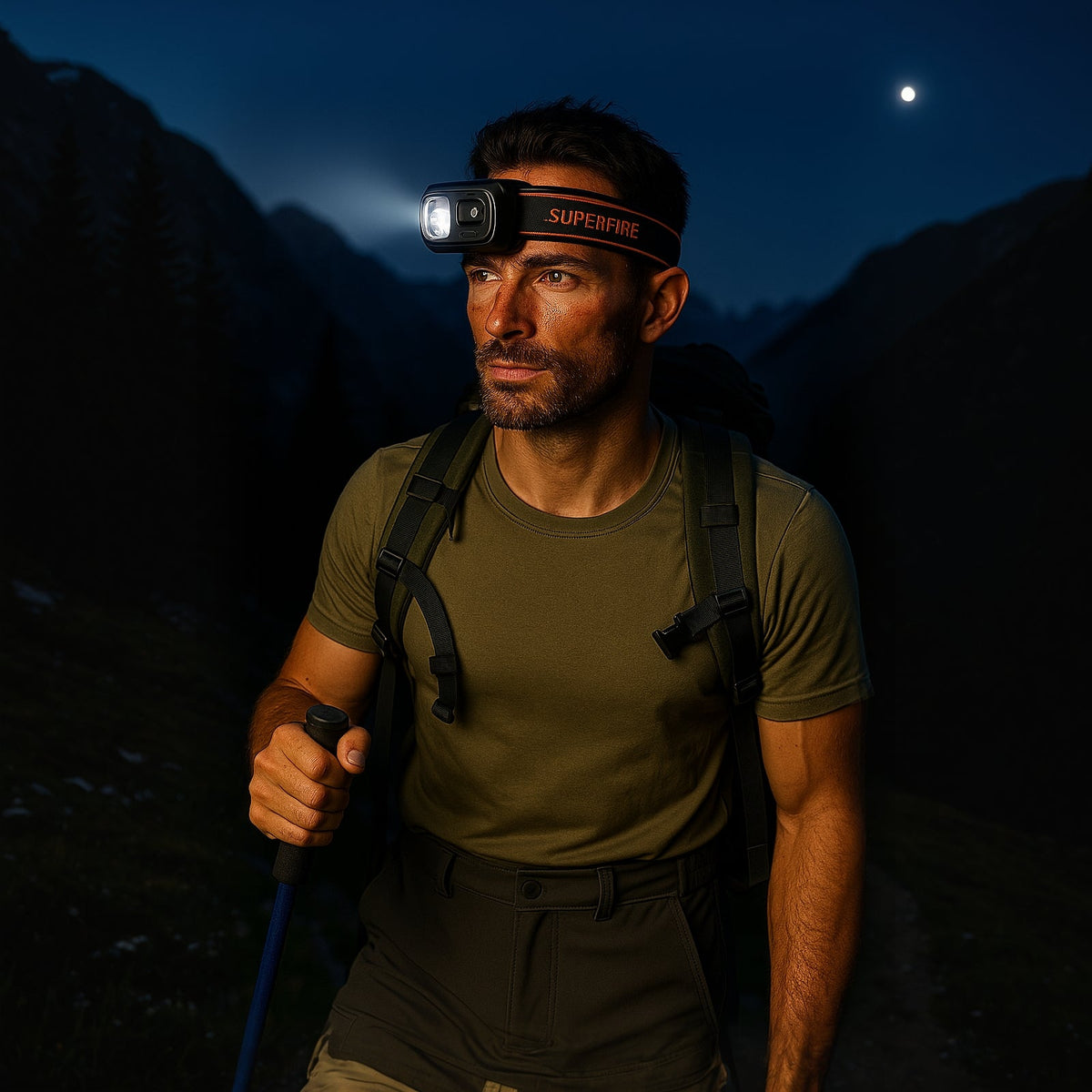 Hiker walking at night in the mountains wearing the headlamp switched on, a trekking pole in hand