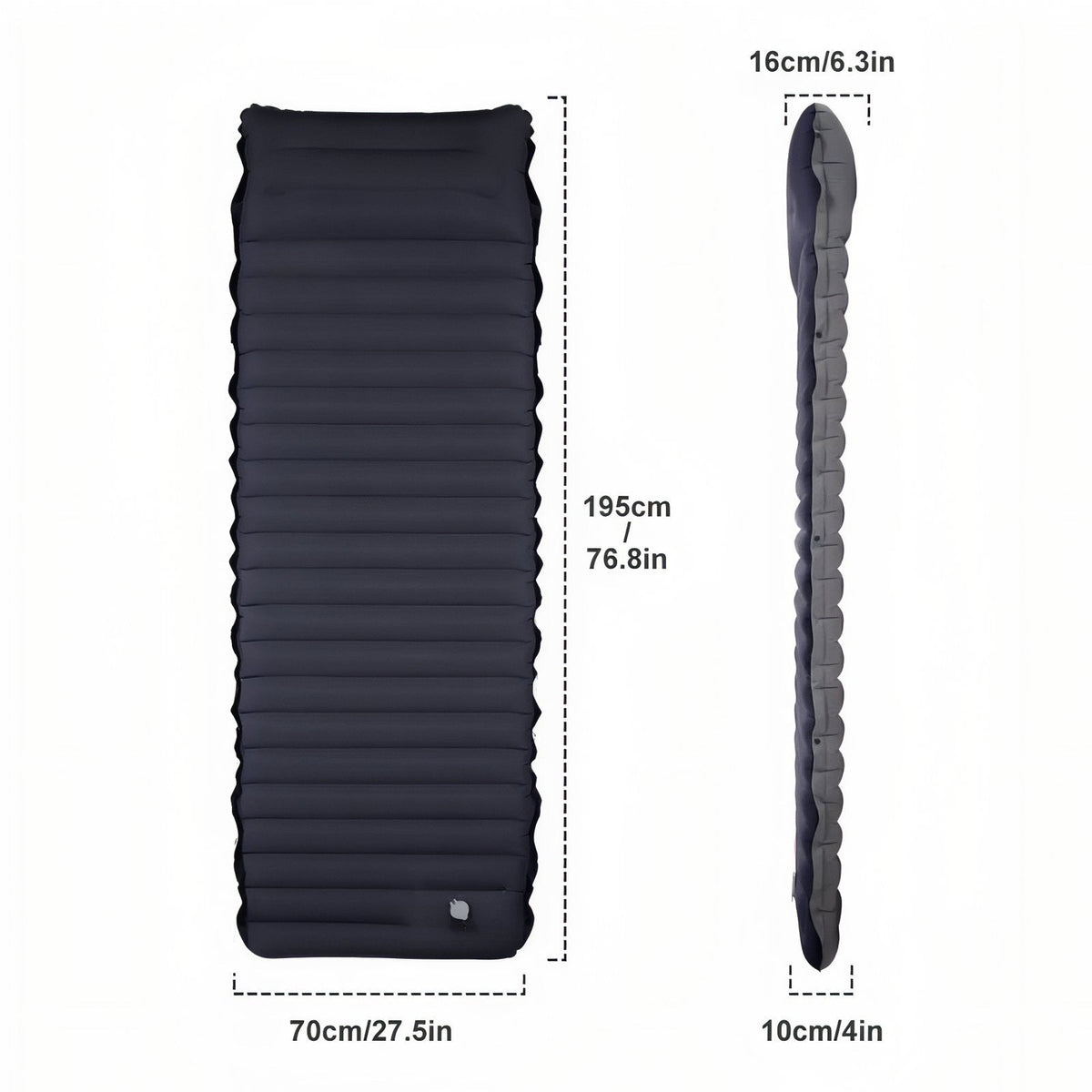 Black sleeping mat with its size marked: 195 cm long, 70 cm wide and 10 cm thick