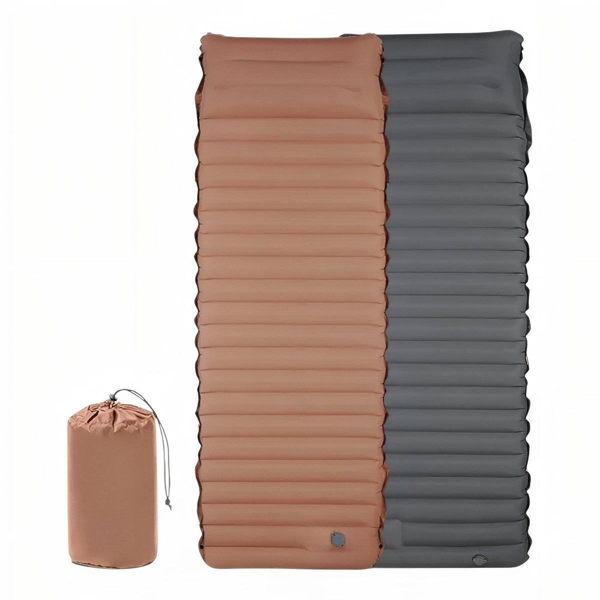 Brown inflatable sleeping mat shown from the top and from its grey underside, with its brown stuff sack