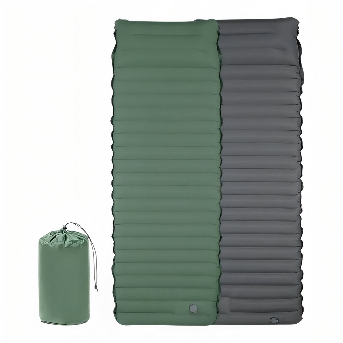 Dark green inflatable sleeping mat shown from the top and from its grey underside, with its green stuff sack