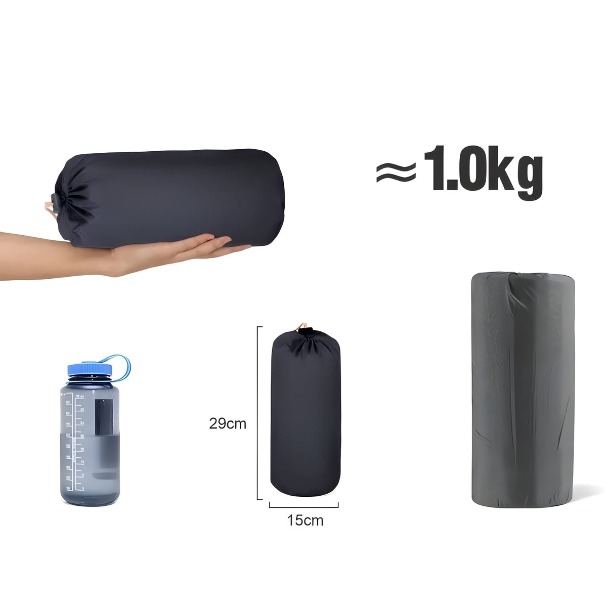 The packed mat in its 29 x 15 cm sack, held in one hand, about 1 kg