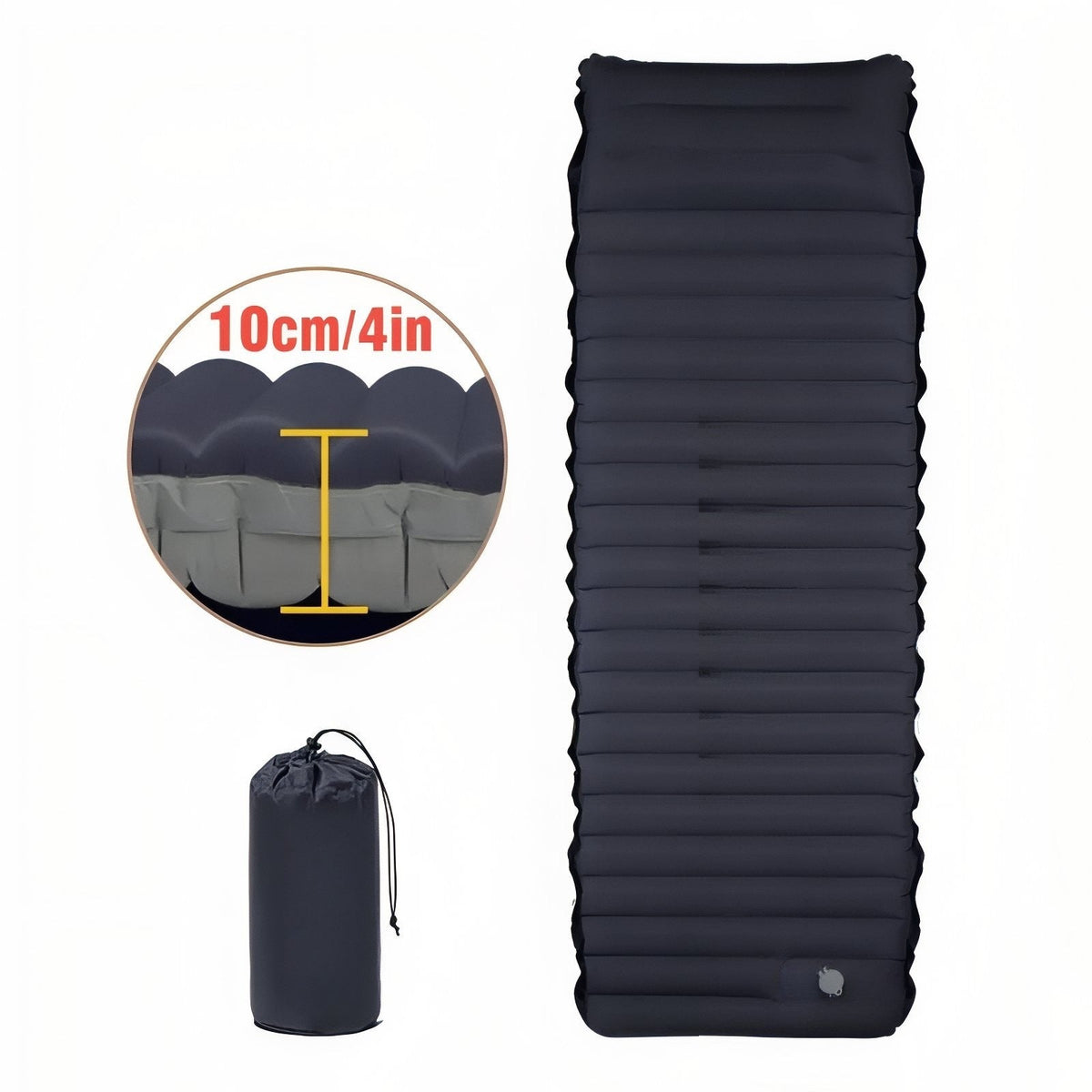 Black inflatable mat with a close-up showing its 10 cm thickness, beside its stuff sack