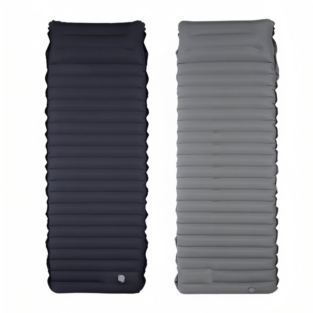 Black inflatable sleeping mat beside a grey one, showing both sides of the mat