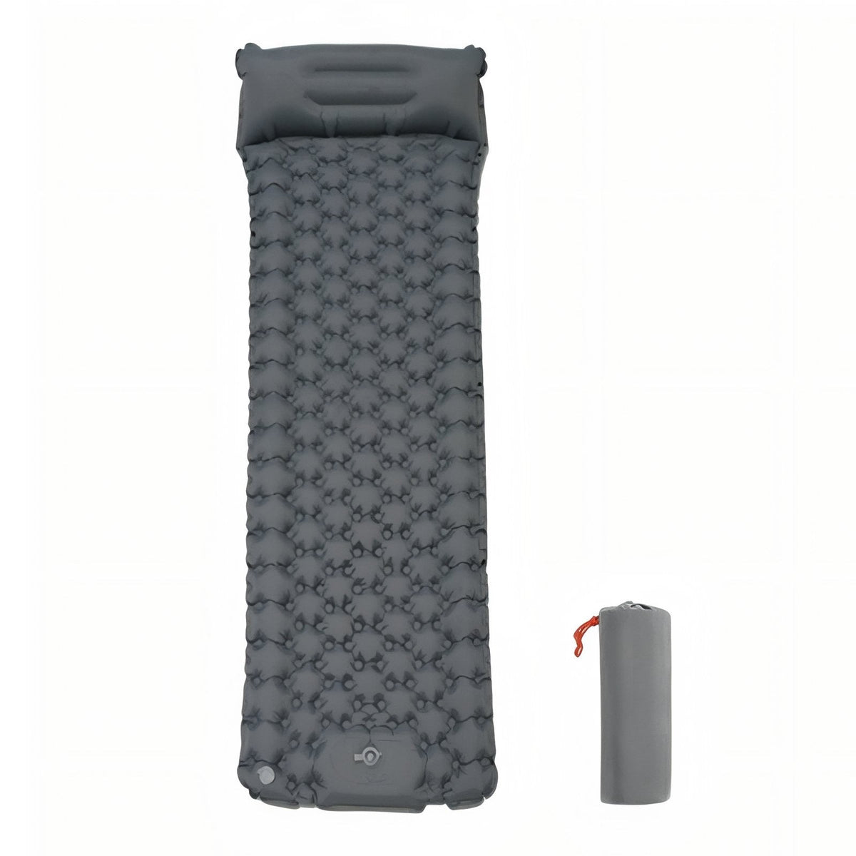 Charcoal grey inflatable sleeping mat with built-in pillow seen from above, beside its storage bag
