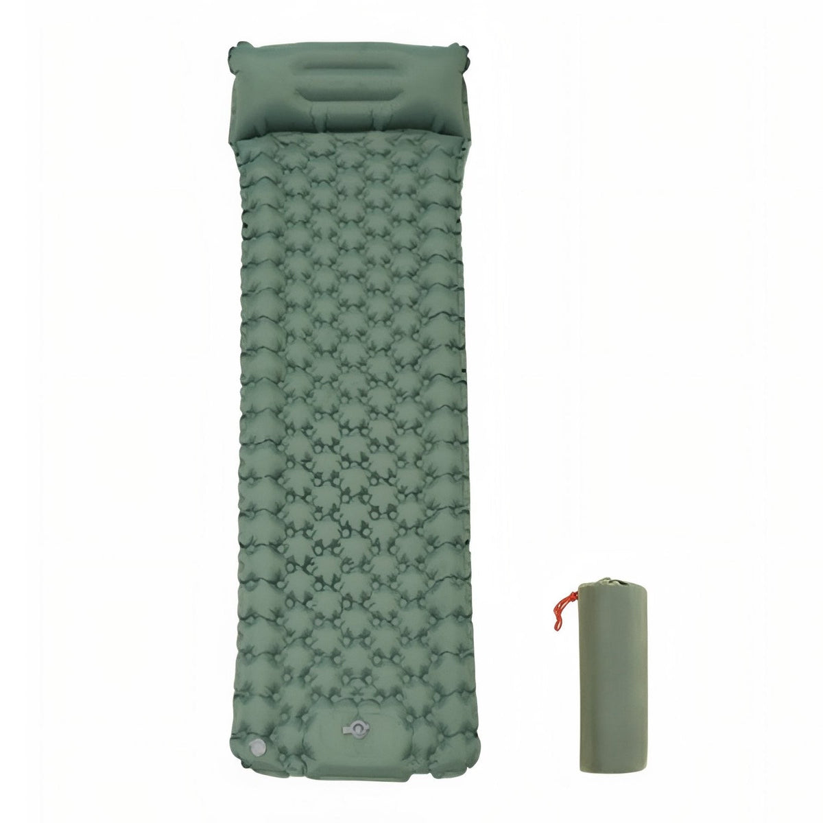 Sage green inflatable sleeping mat with built-in pillow seen from above, beside its drawstring storage bag